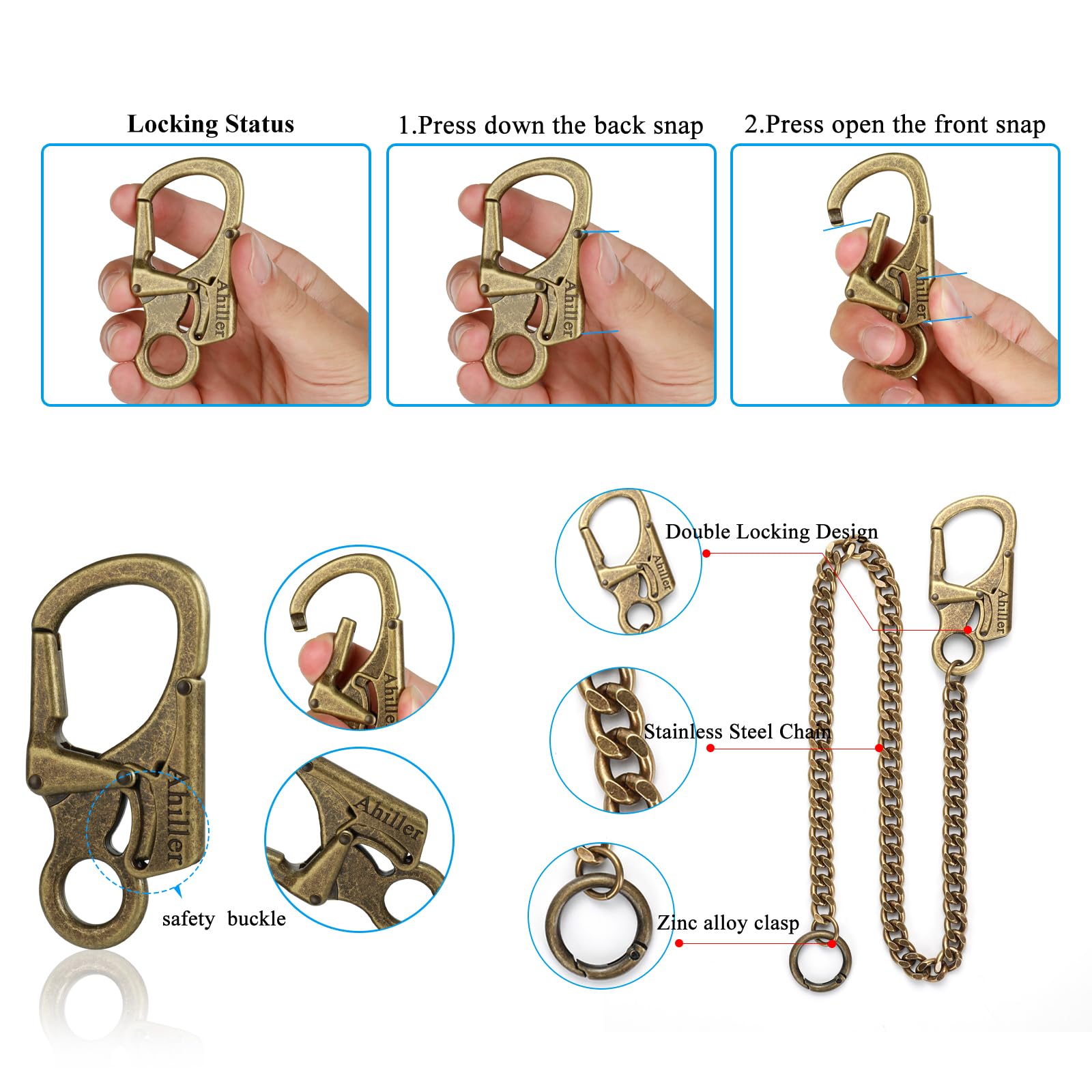 Ahiller Biker Wallet Chain, Heavy Duty Pocket Chain with Round Clasp, Men Chains for Keys, Jeans, Pants, Purse and Handbag (T-Brass-2PCS)