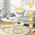 Round Nesting Coffee Tables Set: White Gold Marble Nesting Coffee Table Set of 2 - Modern Metal Stacking Side Table for Living Room Small Spaces