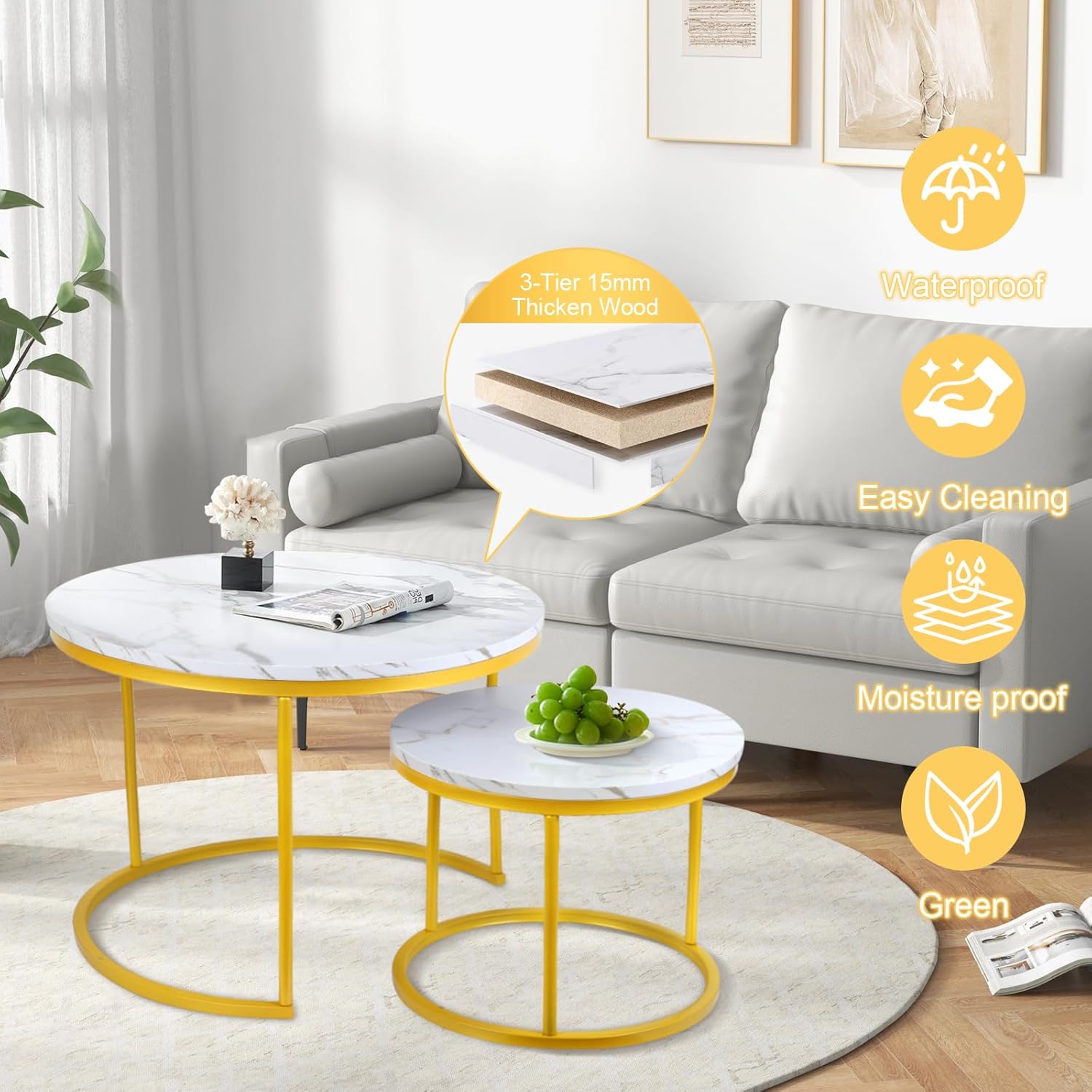 Round Nesting Coffee Tables Set: White Gold Marble Nesting Coffee Table Set of 2 - Modern Metal Stacking Side Table for Living Room Small Spaces