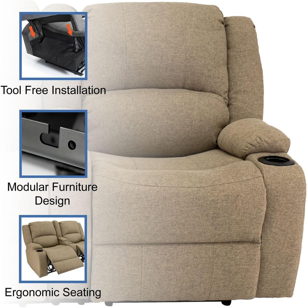 RecPro Charles 67" Double Recliner RV Sofa with Console and Cupholders | Zero Wall Loveseat for Camper | Wall Hugger Couch | Fifth Wheel Theater Seating | Replacement RV Furniture | Oatmeal Cloth