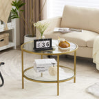 VINGLI 25.6" Round Gold Coffee Tables for Living Room, 2-Tier Glass Top Coffee Table with Storage Clear Coffee, Simple & Modern Center Table for Small Space