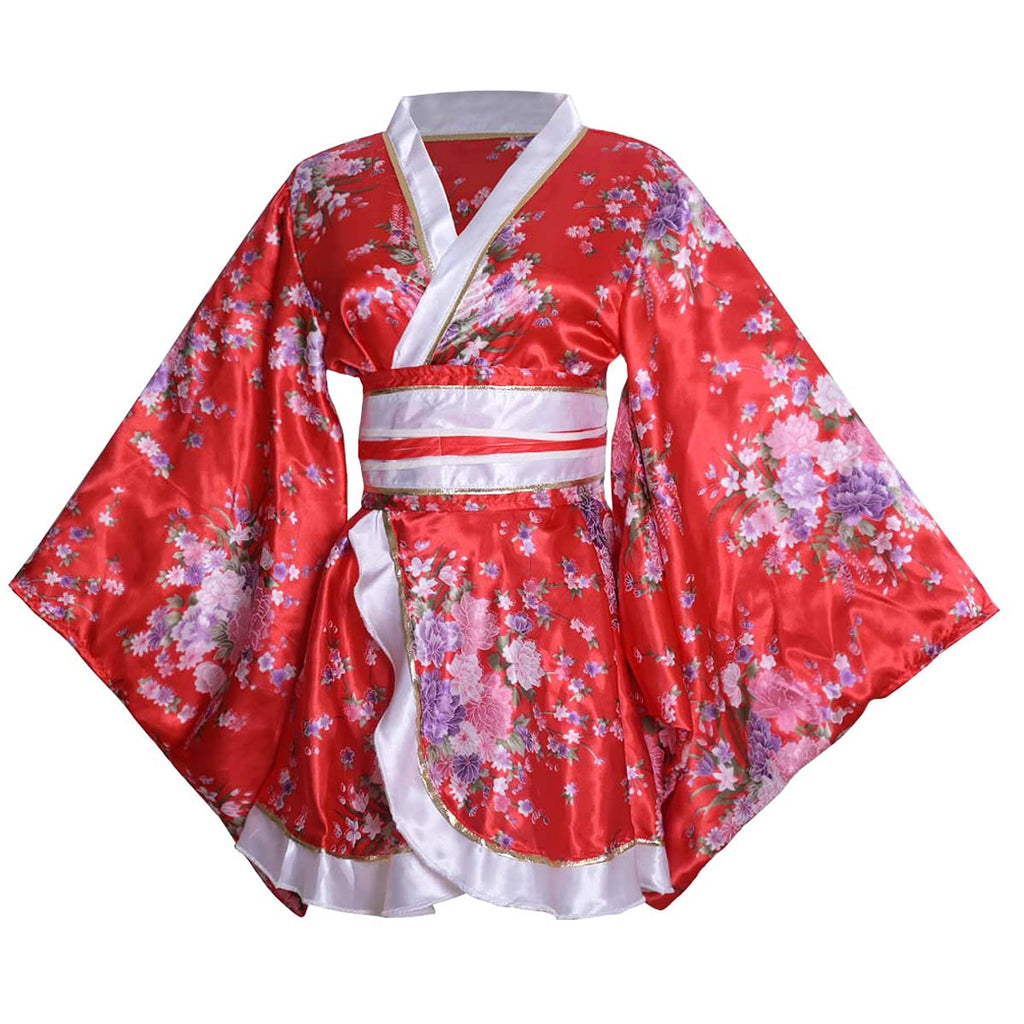 HUAHUA Women's Sexy Short Kimono Dress Floral Print Japanese Traditional Geisha Robe Bathrobe Skirt Belt Outfit