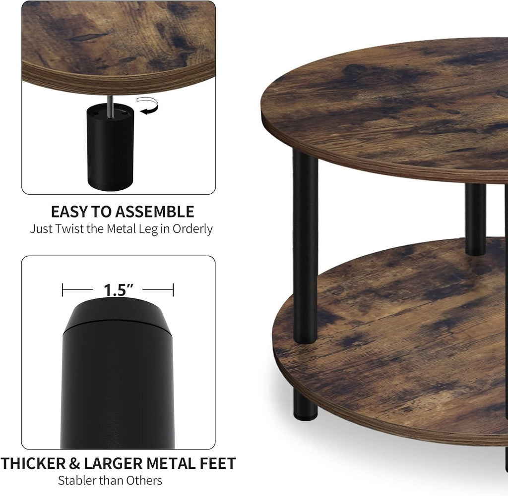 Small Round Coffee Table for Small Space, 23.5" 2-Tier Rustic Brown Wooden Coffee Table with Open Storage for Living Room/Balcony/Office, Metal Legs, Easy to Assemble