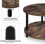 Small Round Coffee Table for Small Space, 23.5" 2-Tier Rustic Brown Wooden Coffee Table with Open Storage for Living Room/Balcony/Office, Metal Legs, Easy to Assemble
