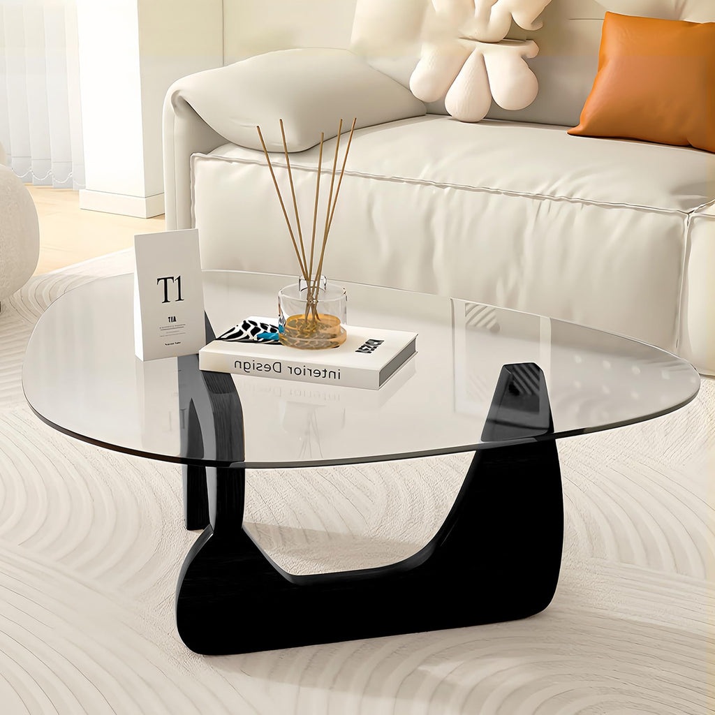 Modern Glass Coffee Table, 32.3″D×25.6″W×15.8″H-Abstract Unique Mid Century Triangle Center Table for Living Room, Minimalist Middle Tables for Home Office, Wooden Base
