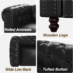 72 Inch Black Sofa, Chesterfield Faux Leather Couch with Wooden Legs, Tufted Leather Sofa with Rolled Arms, Mid Century Modern Couch with Rivets for Living Room, Apartment, Office