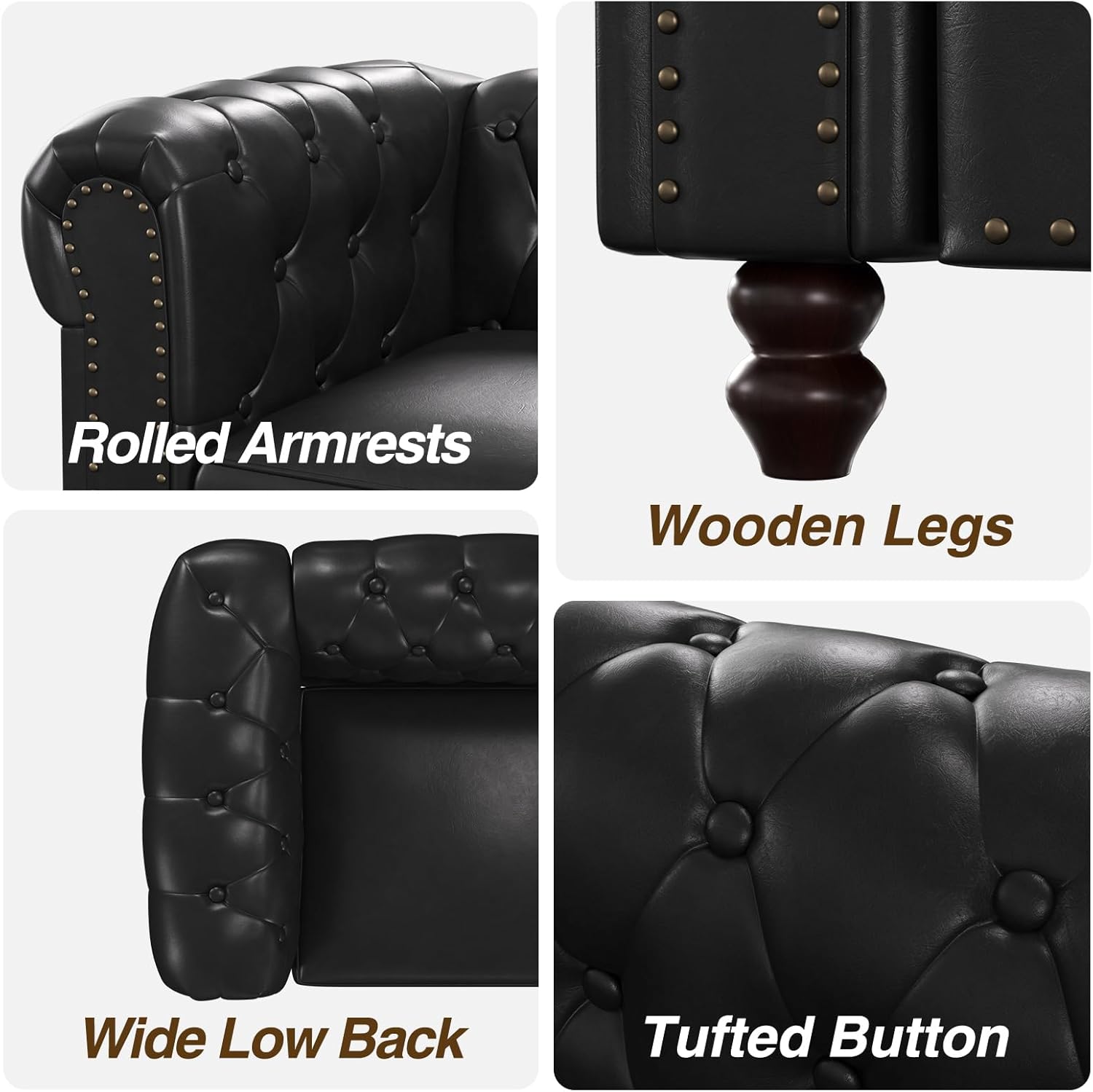 72 Inch Black Sofa, Chesterfield Faux Leather Couch with Wooden Legs, Tufted Leather Sofa with Rolled Arms, Mid Century Modern Couch with Rivets for Living Room, Apartment, Office