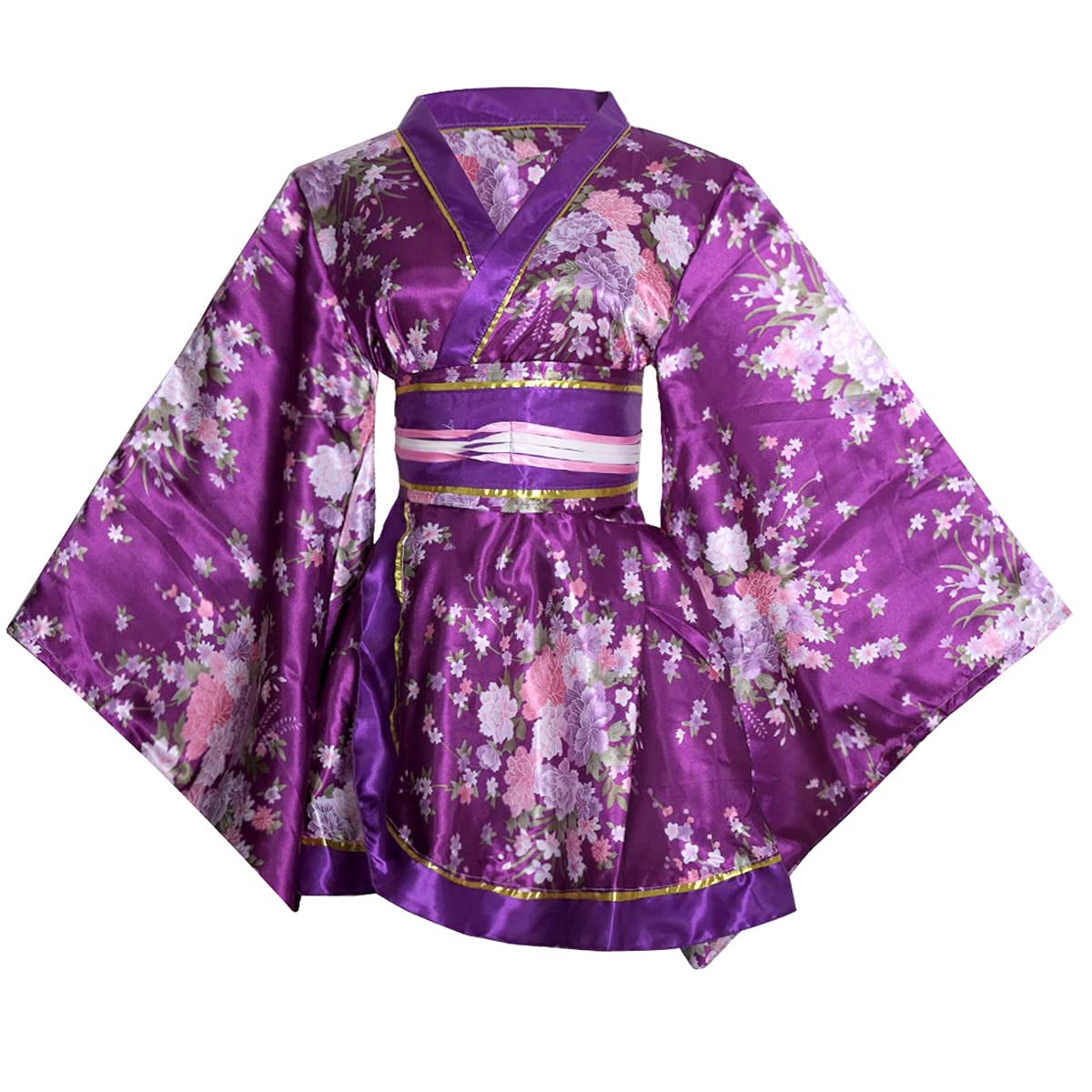 HUAHUA Women's Sexy Short Kimono Dress Floral Print Japanese Traditional Geisha Robe Bathrobe Skirt Belt Outfit