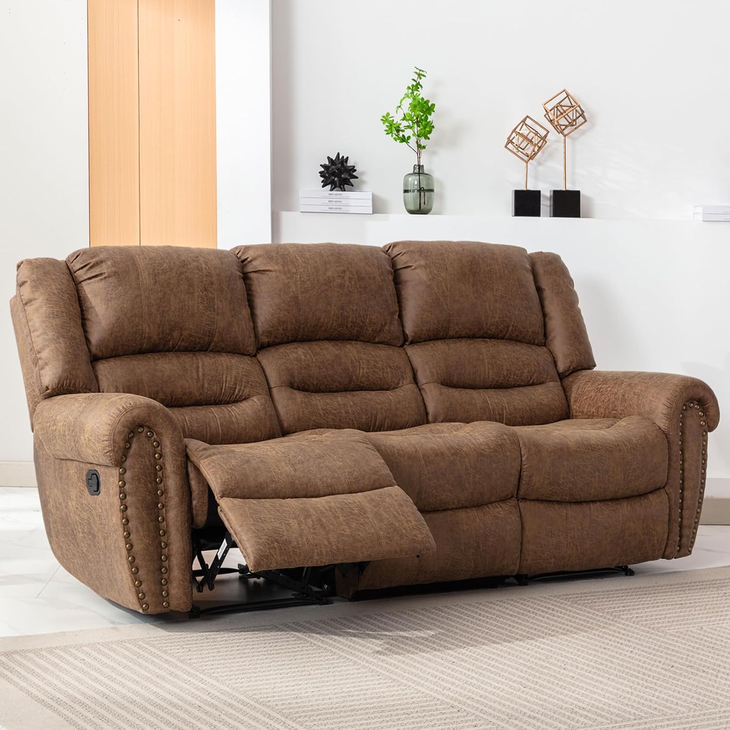 Faux Leather Reclining Sofa, 3 Seater Recliner Sofa Chair, Manual Reclining Couch Set for Living Room, Home Furniture Set, for Meeting Room, Brown (3 Seat Sofa)