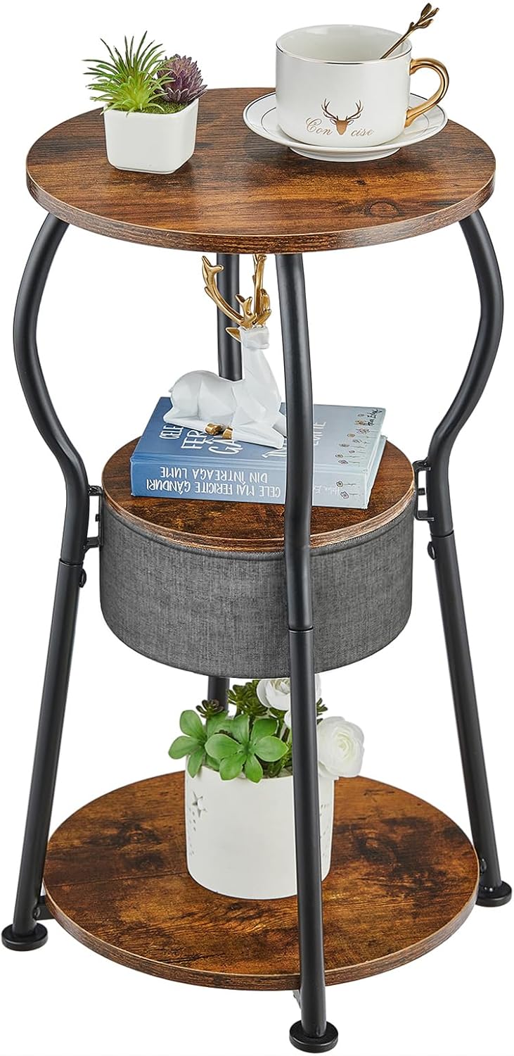Small Round Side Table with Storage Bag, 3-Tier Accent Round End Table with Four Storage Functions for Living Room, 21.6" H Vintage Smalls Corner Table for Small Spaces Nightstand Bedroom
