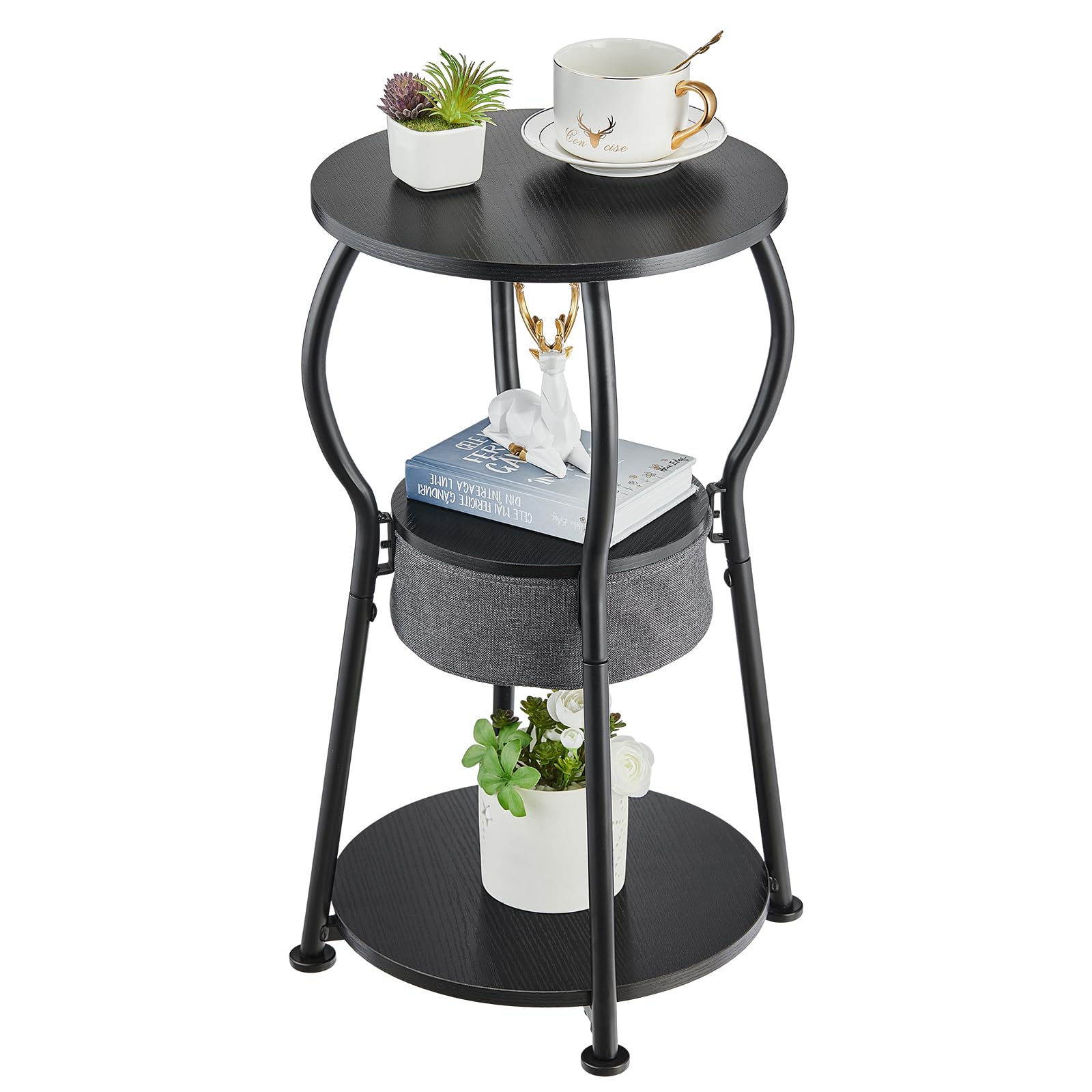 Small Round Side Table with Storage Bag, 3-Tier Accent Round End Table with Four Storage Functions for Living Room, 21.6" H Vintage Smalls Corner Table for Small Spaces Nightstand Bedroom