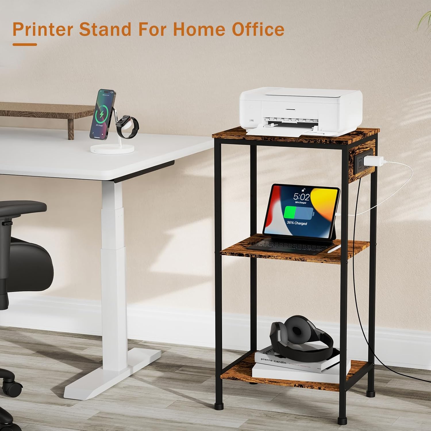 Tall End Table with Charging Station, 3 Tier Narrow Tall Nightstand with Storage, Slim Side Table with USB Ports and Outlets for Bedroom, Living Room, Office, Rustic Brown and Black