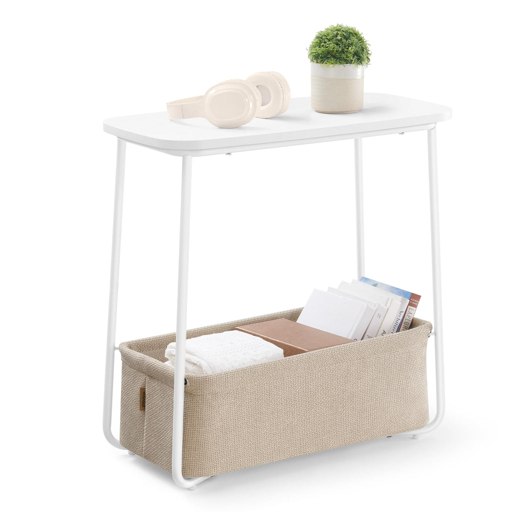 VASAGLE Small Round Side End Table, Modern Nightstand with Fabric Basket, Matte White and Camel Brown ULET223W10