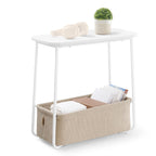 VASAGLE Small Round Side End Table, Modern Nightstand with Fabric Basket, Matte White and Camel Brown ULET223W10