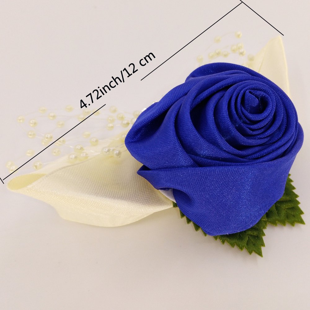 Arlai 2 pcs Rhinestone Leaves Pearl Decoration Hand Flower, Wedding Prom Party Satin Rose Wrist Corsage Flower - Dark Blue Artificial Flowers