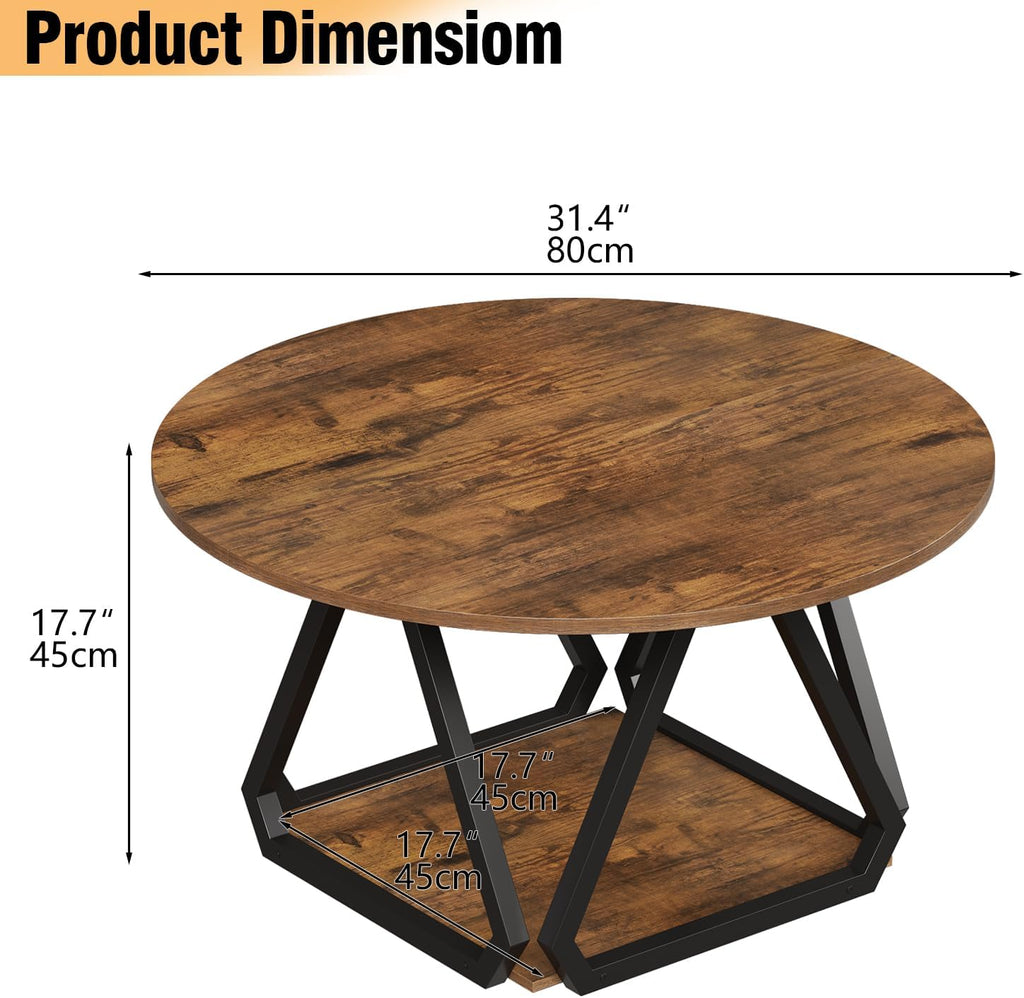 Round Coffee Table, 31.5" 2-Tier Center Table with Storage Shelf, Modern Rustic Circle Wood Coffee Table for Living Room, Apartment (Rustic Brown)