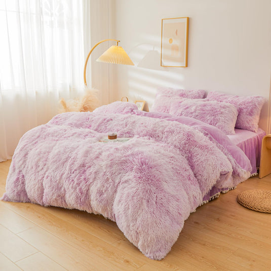 Fluffy Pink Faux Fur Comforter Cover Set，Fluffy Fuzzy Plush Pink Bedding 3Pcs (1 Faux Fur Duvet Cover +2 Fuzzy Pillowcases) Pink Fluffy Bed Set (Pink, Queen)