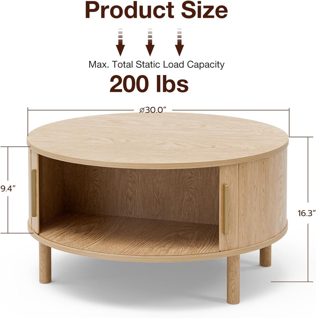 Coffee Table for Living Room, Modern Round Coffee Table with Cabinets & Sliding Doors, Home Small Space, 29.9" Fluted Center Table, Natual