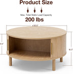 Coffee Table for Living Room, Modern Round Coffee Table with Cabinets & Sliding Doors, Home Small Space, 29.9" Fluted Center Table, Natual