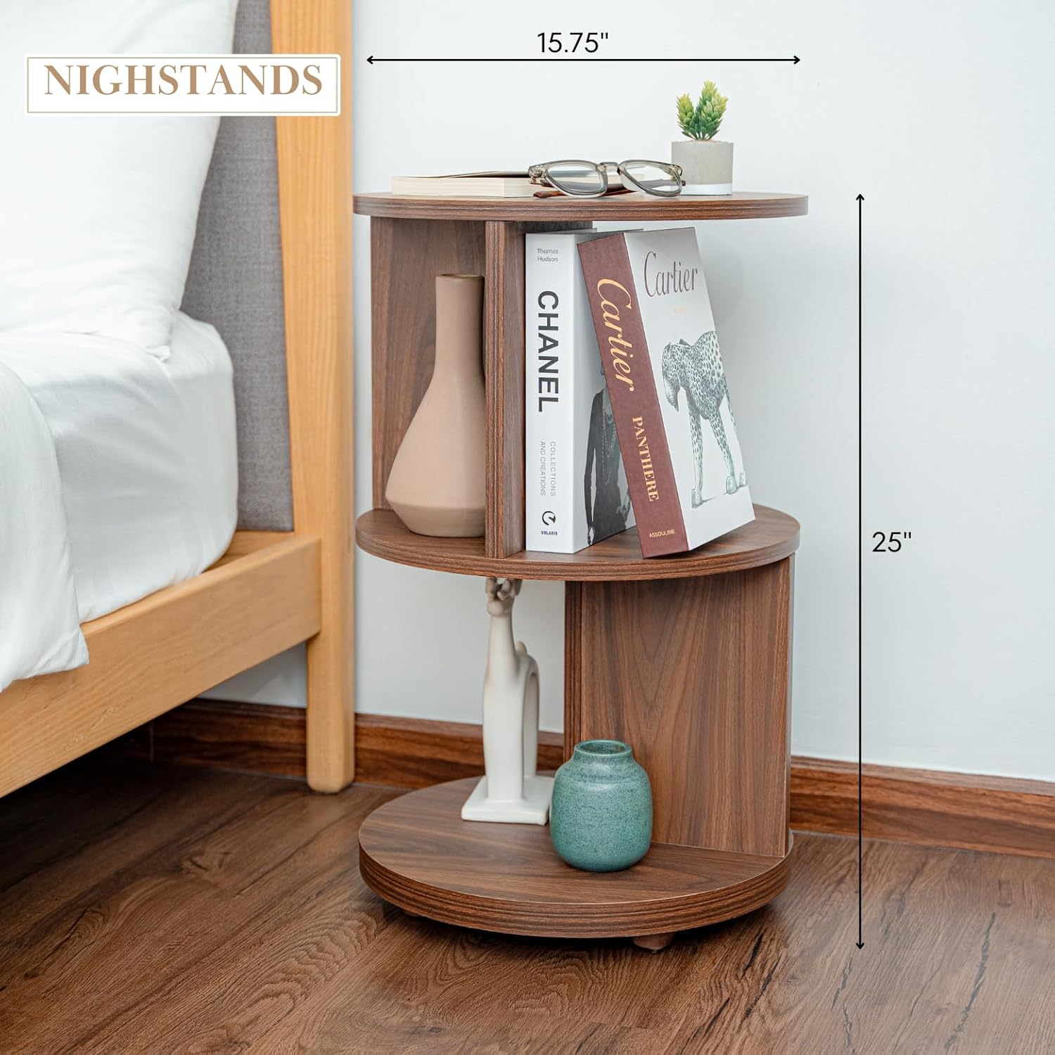 KAYMILY Living Room Side Table, Office Round Bookshelf End Table, Bedroom Mid Century Modern Nightstands, Contemporary Accent Tables - Easy Assembly - MDF Wood - Stationary - Walnut