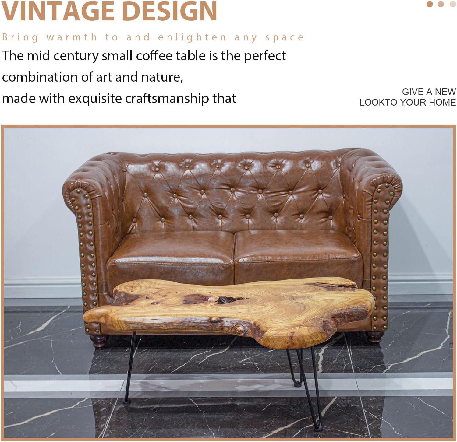 Handcrafted Edge Coffee Table | Natural Wood with Unique Organic Shape | Metal Hairpin Legs for Living Room, Side Table & Boho Decor