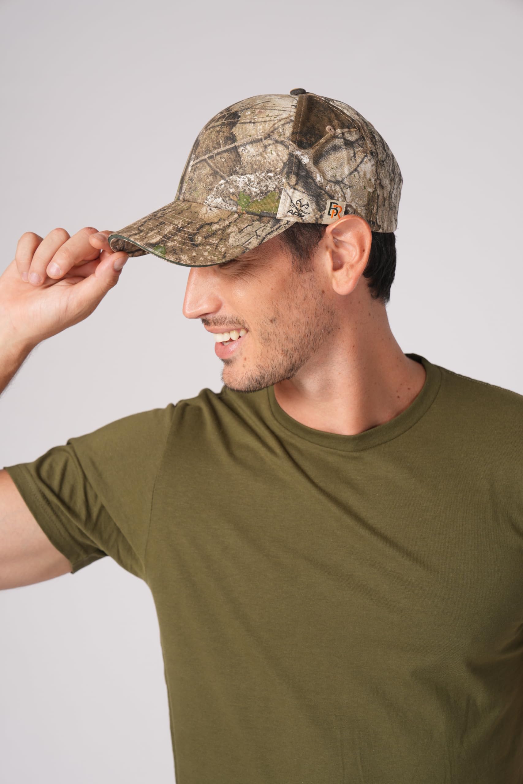 Bell Rangers Realtree APX Camo Baseball Cap Hat for Men and Women 100% Cotton Twill (Peached) (US, Alpha, One Size, Plain Cap with Green Visor)