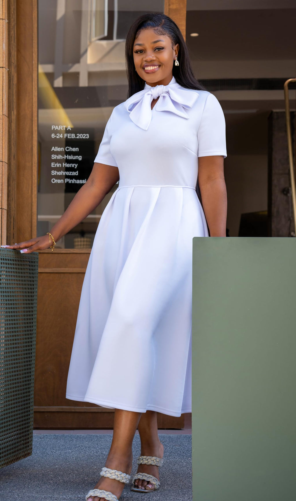 Memoriesea Women's Elegant Casual Short Sleeve Work Party A-Line Dress with Pockets White