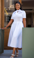 Memoriesea Women's Elegant Casual Short Sleeve Work Party A-Line Dress with Pockets White