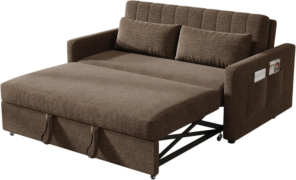 55'' Sofa Bed, Pull Out Sleeper Sofa Couch Bed, Loveseat Couch Bed, Futon Sofa Bed with Side Pocket, Convertible Sofa Bed for Living Room, Apartment, Bedroom, RV, Brown
