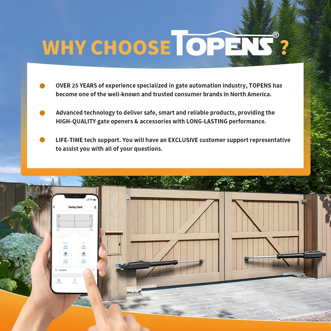 TOPENS XD852 Smart Gate Opener for Heavy Duty Dual Swing Gates Up to 18ft per Arm, Automatic Gate Opener with App Control AC Powered Remote Control Kit Solar Compatible
