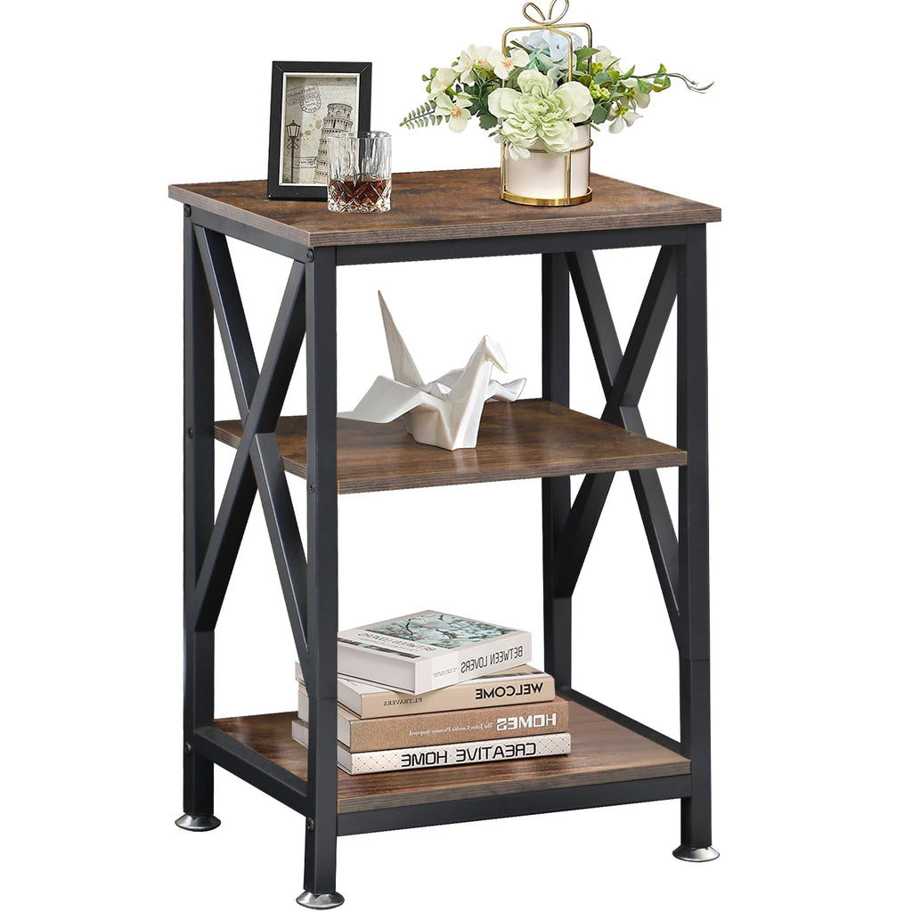 End Tables Living Room Set of 2 Farmhouse, Side Table with Storage Shelf, 16" W x 12" D x 24" H, 3 Tier Side Table Set of 2, X-Shaped Night Stands for Bedrooms, Coffee Table