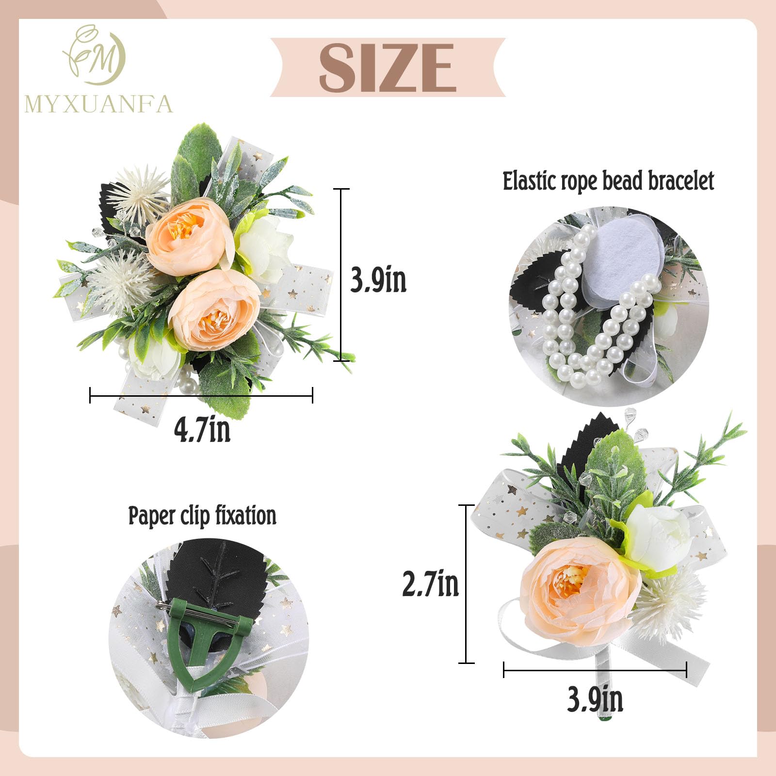 MYXUANFA 2PCS Wrist Corsage and Boutonniere Set, Corsage Wristlet for Prom Decor Champagne Corsages Artificial Flowers Boutonniere for Men Wedding Flowers Bride Bridesmaid Party Suit Decoration