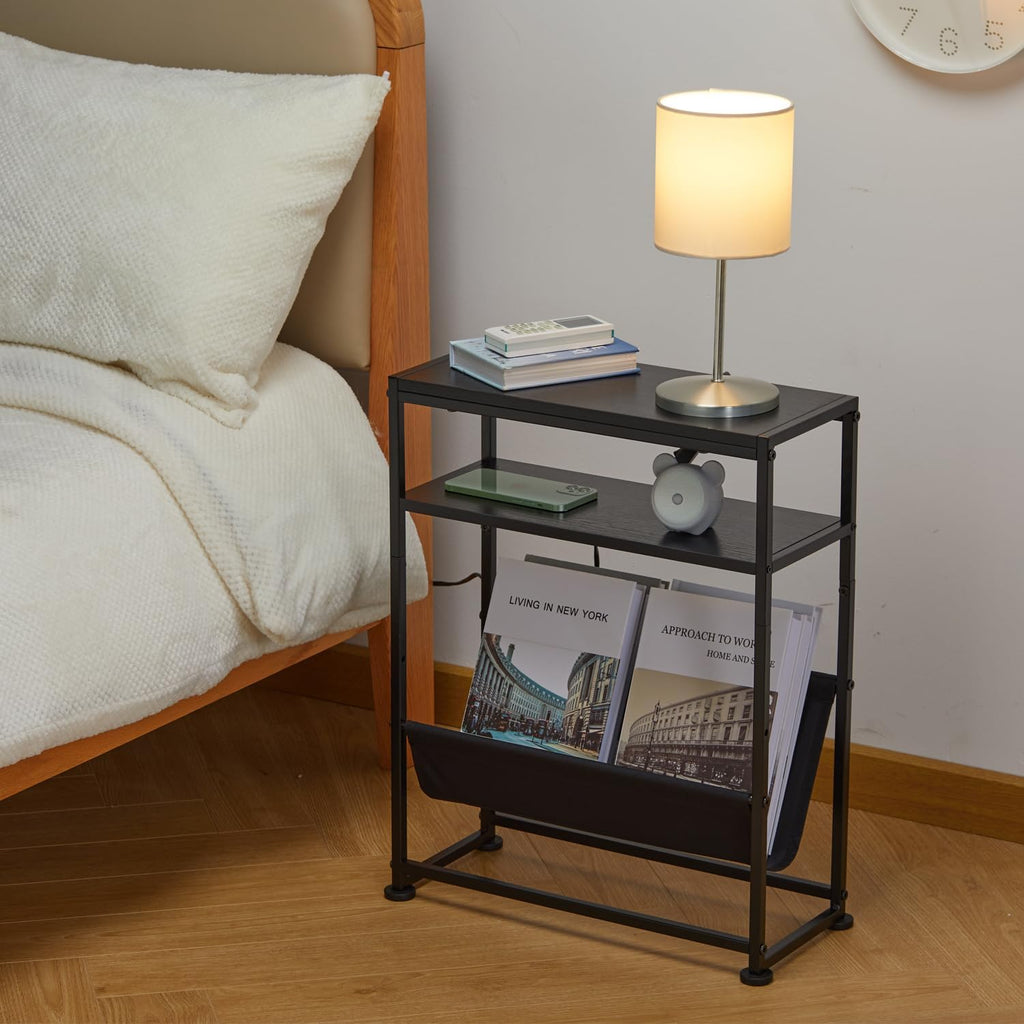 Narrow End Table for Small Spaces - Slim Side Table with Magazine Holder,2 in 1 Design Narrow Coffee Table Living Room,Skinny Bedroom Nightstand Thin Side Magazine Table,Black