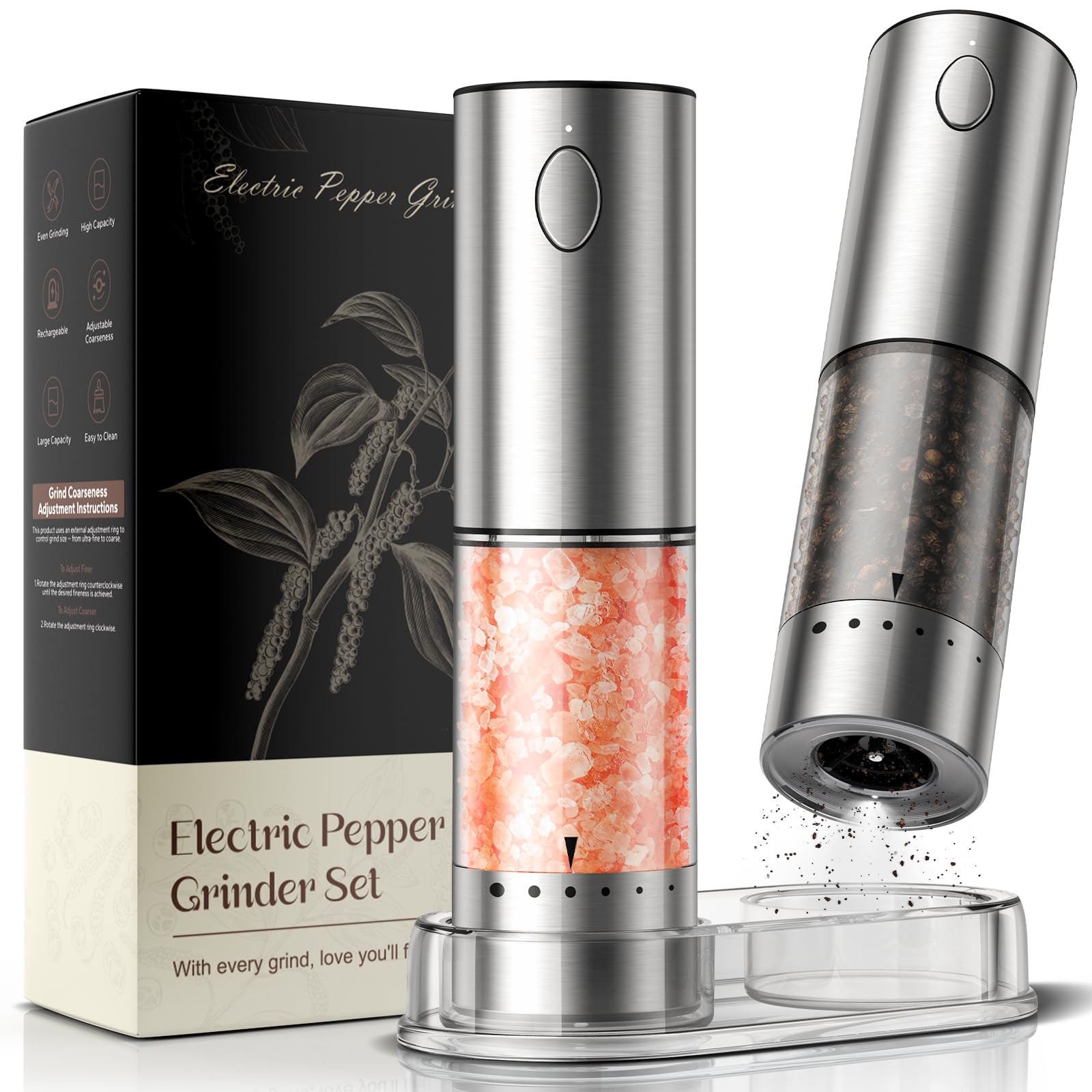 Electric Salt and Pepper Grinder Set Automatic Battery Pepper Mill Shakers Adjustable Coarseness Upgraded Larger Capacity with Led Home and Kitchen Appliances Birthday Gifts for Women Mom