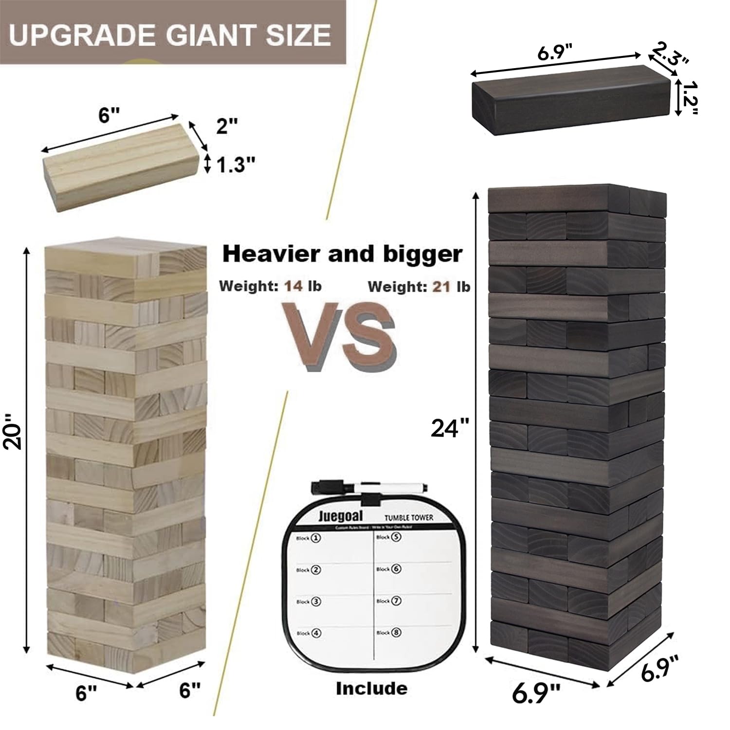 Juegoal 54 Piece Giant Tumble Tower Grey for Adult Kids Family, Wooden Block Stacking Game with Gameboard & Canvas Bag, Outdoor Games for Backyard Lawn Party Playing, 6.9 x 6.9 x 24 Inches,X-Large