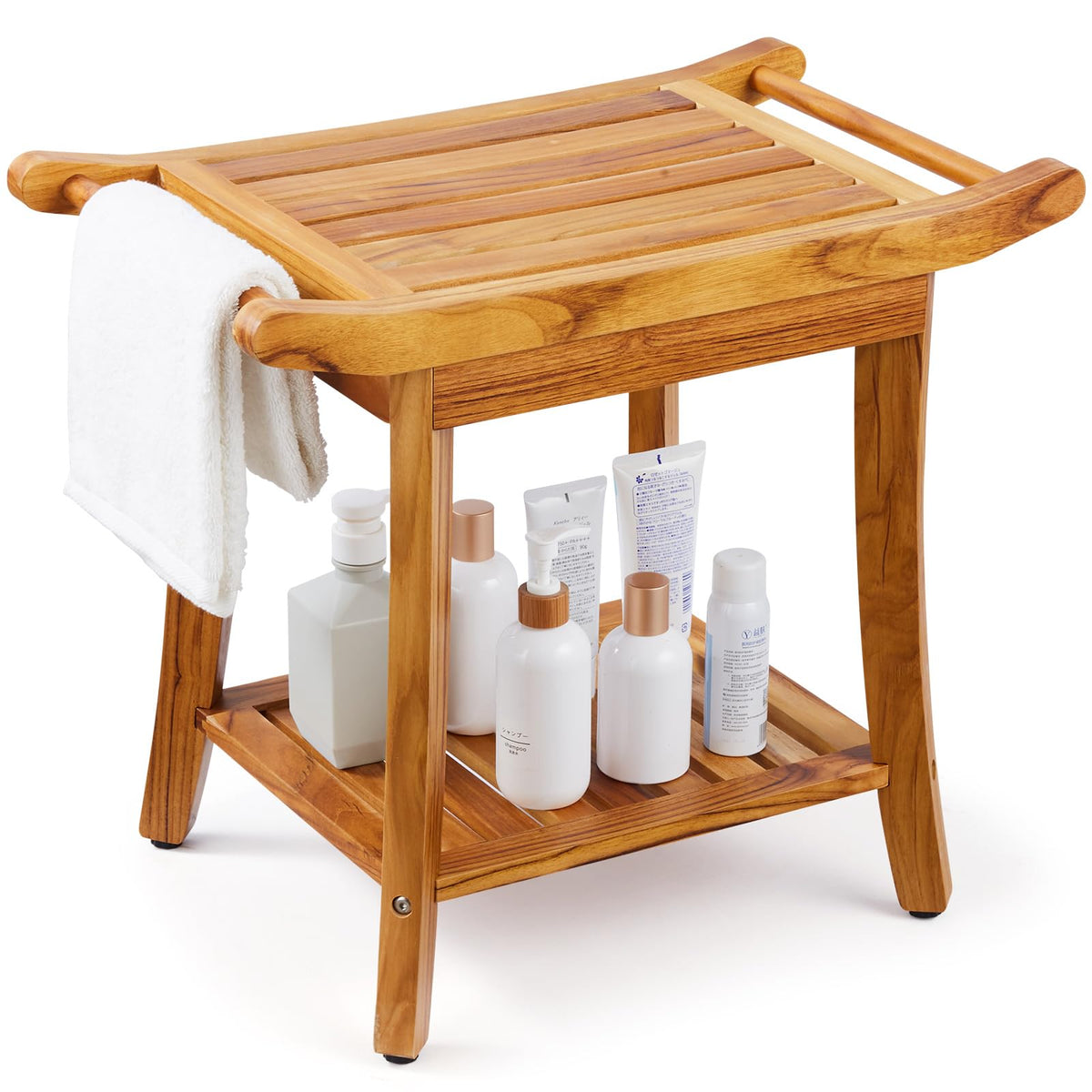 VEVOR Teak Shower Bench, 22 x 14.4 x 18.5 in, Waterproof Wood Shower Stool with Storage Shelf Handle Non-Slip Feet, 300 lbs Maximum Load Capacity Shower Chair Seat, for Bathroom Indoor and Outdoor Use