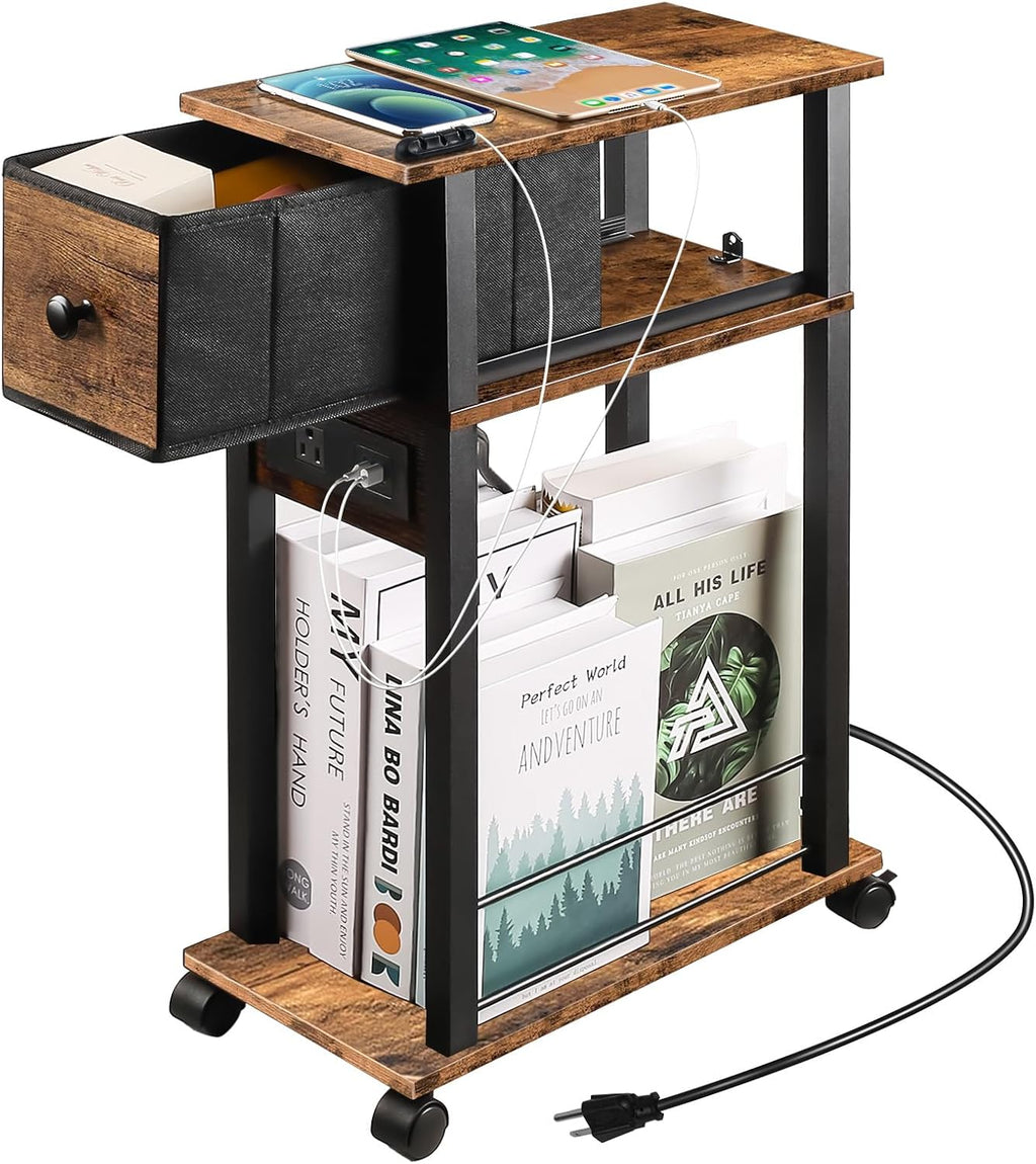 Side Table with Charging Station and Drawer, Narrow End Table with USB Ports and Outlets for Small Space, Living Room, Bedroom and Office, with 4 Wheels (1, Rustic Brown + Black)