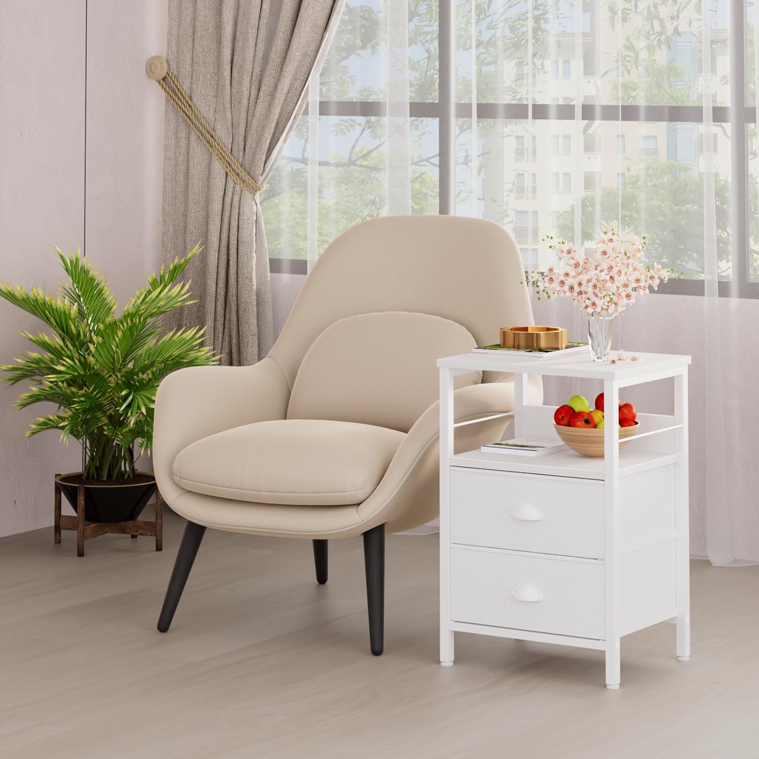 Furologee Nightstands Set of 2, End Table with 2 Fabric Drawers, Night Stand with 2 Hooks, Open Wood Shelf Bedside Table for Bedroom/Living Room/White