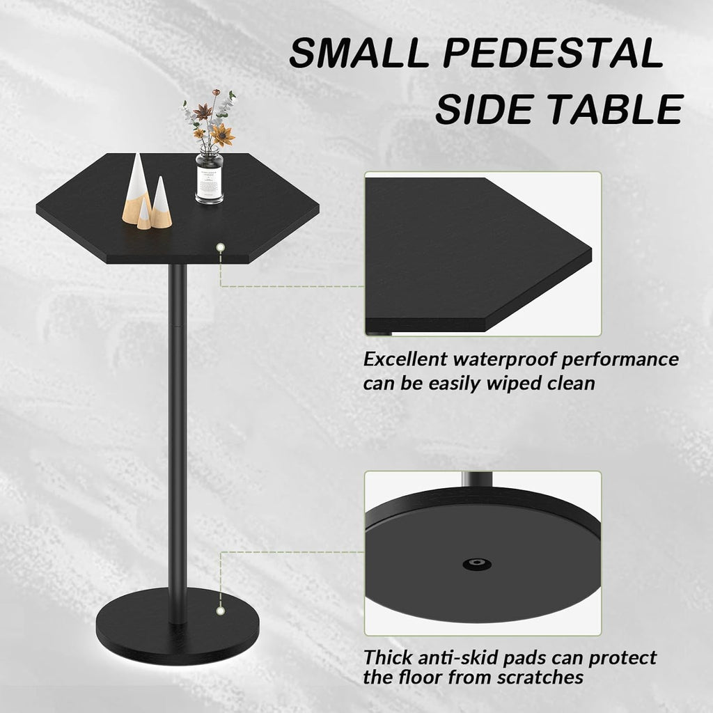 Drink Tables for Small Spaces, Black Pedestal Side Table for Couch, Modern Cocktail Martini Table, Hexagon Small Pedestal Coffee End Table for Living Room Bedroom Patio