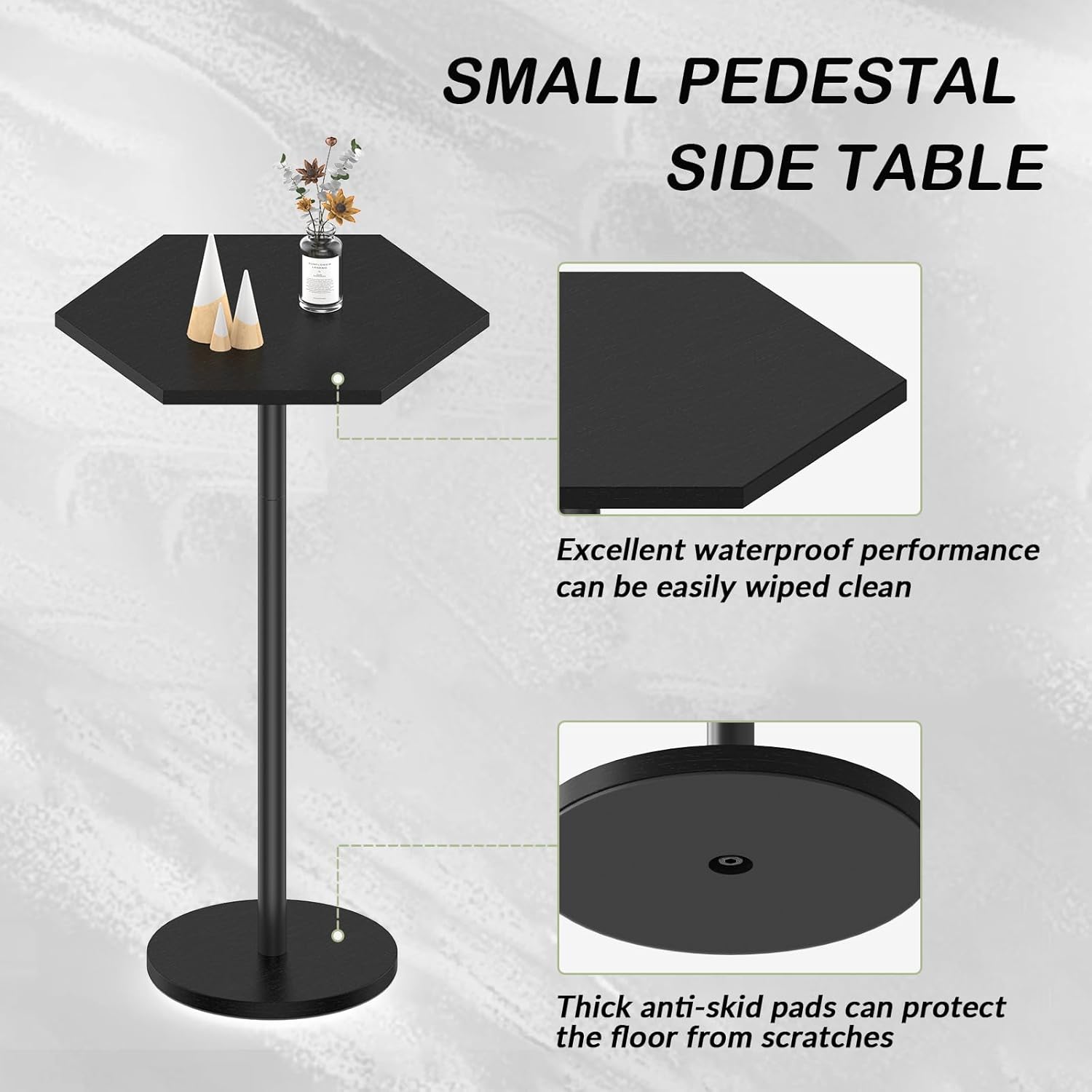 Drink Tables for Small Spaces, Black Pedestal Side Table for Couch, Modern Cocktail Martini Table, Hexagon Small Pedestal Coffee End Table for Living Room Bedroom Patio