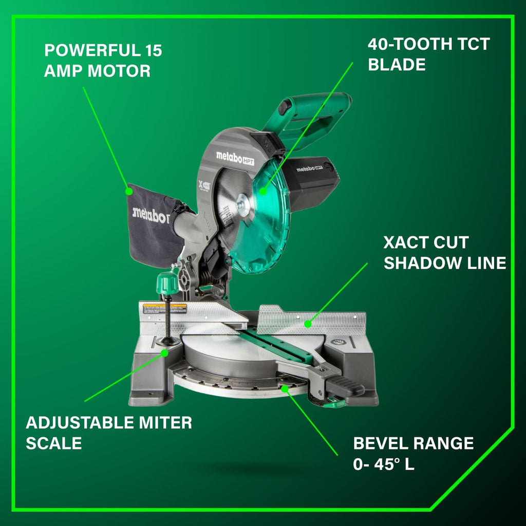 Metabo HPT 10-Inch Single Bevel Compound Miter Saw, 15-Amp Power Saw with Xact Cut Shadow Line, Precision Miter Angles, Single Bevel 0-45°, 40T TCT Miter Saw Blade, Lightweight Design, C10FCG2