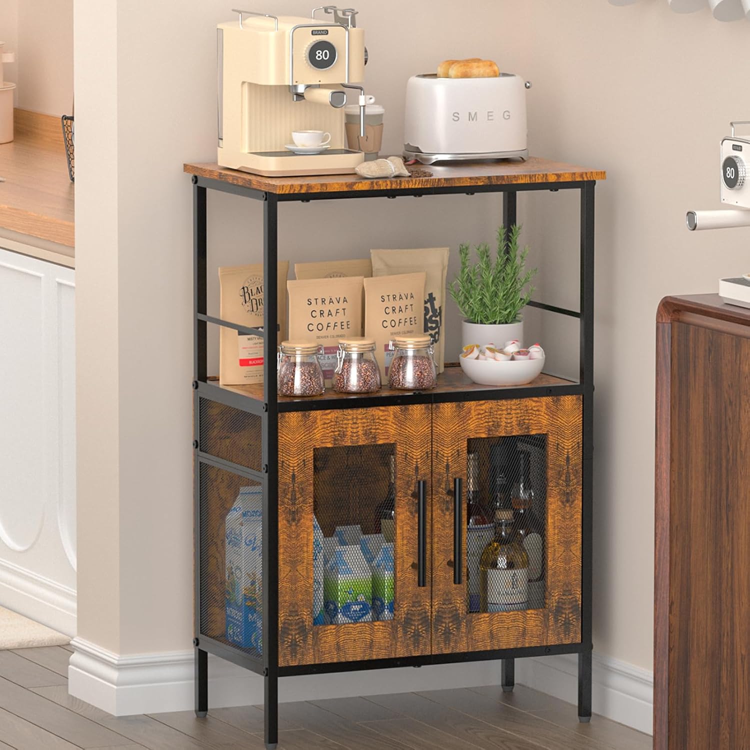 X-cosrack Buffets Coffee Bar Station, 3-Tier Small Coffee Stand Station with Storage, Farmhouse-Style Microwave Cart Featuring 2-Door Cabinet Ideal for Living Room, Entryway, Sideboards