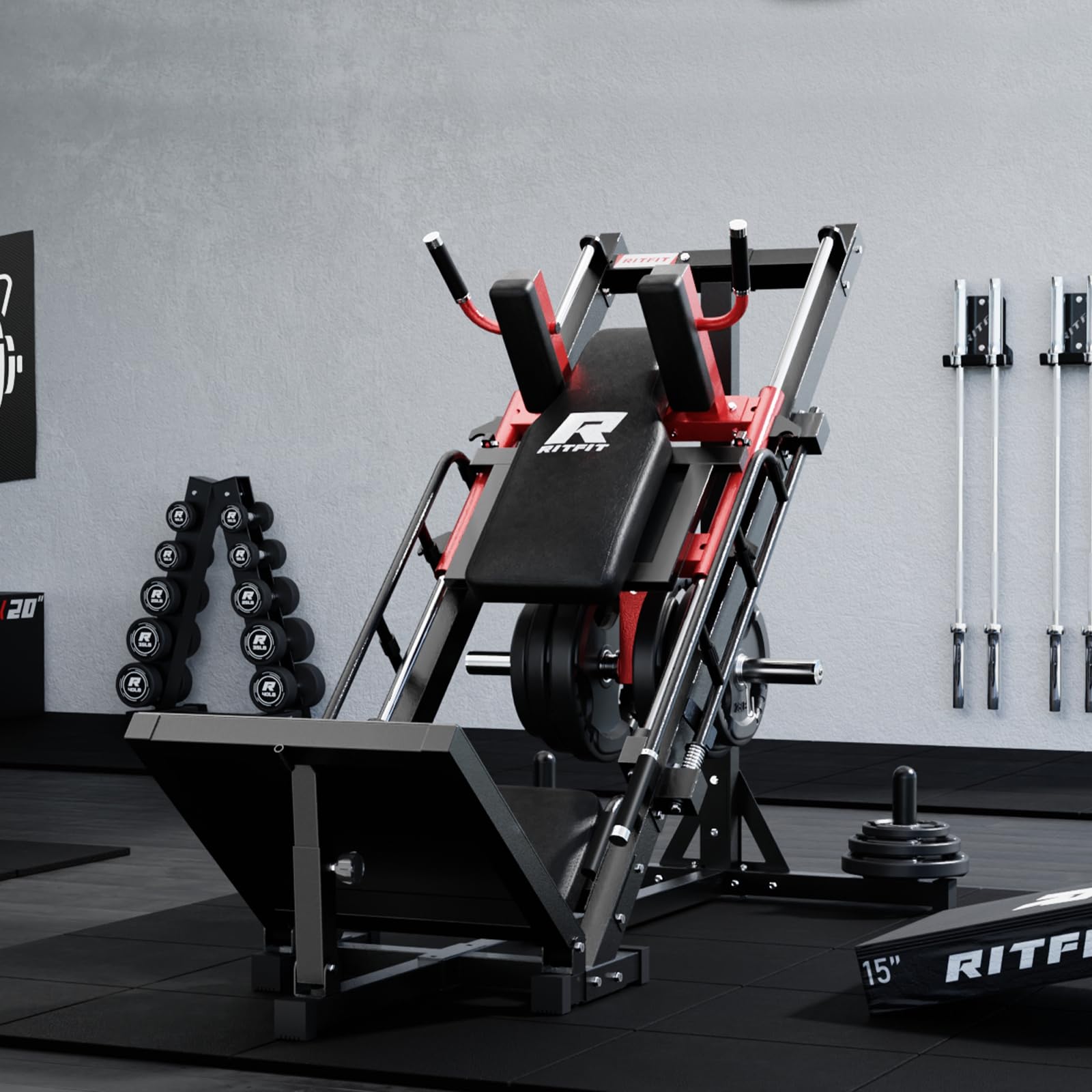 RitFit Leg Press Hack Squat Machine, Professional Adjustable Leg Press Machine for Home Gym with Linear Bearing, Specialty Hack Squat Machine for Full Lower Body Workout with Weight Storage Posts, Red