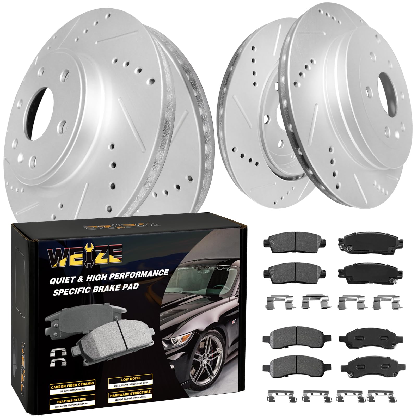 WEIZE Front +Rear Truck & Tow Brake Kit, Carbon Fiber Ceramic Brake Pads & Drilled/Slotted Brake Rotors, Fit for Dodge Ram 1500 & Classic Durango Chrysler Aspen, 5 Lug