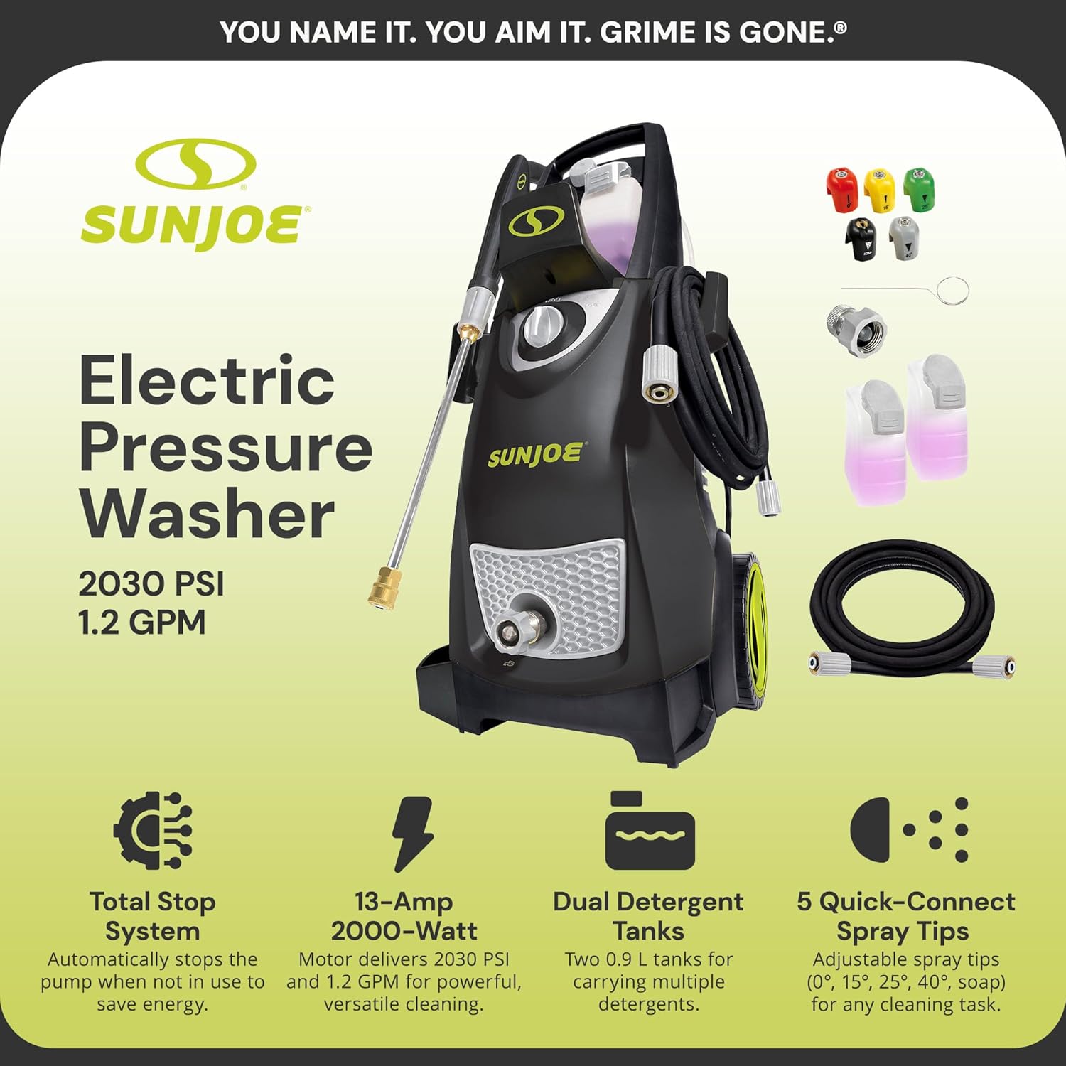 Sun Joe Electric Pressure Power Washer, 2030 PSI (PWMA Certified), 1.2 GPM, Dual Soap Tanks, (35-FT GFCI Water-Safe, Power Cord), SPX3000