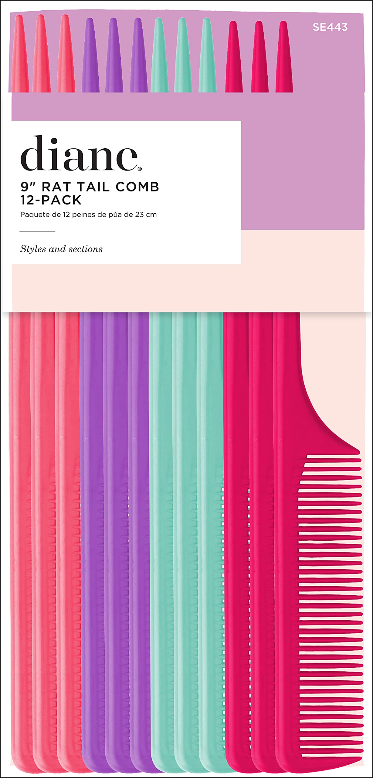 Diane Rat Tail Combs, 9-Inch Fine-Tooth Hair Styling Comb with Pointed Tip for Sectioning, Parting, and Teasing, Assorted Colors, 12 Pack