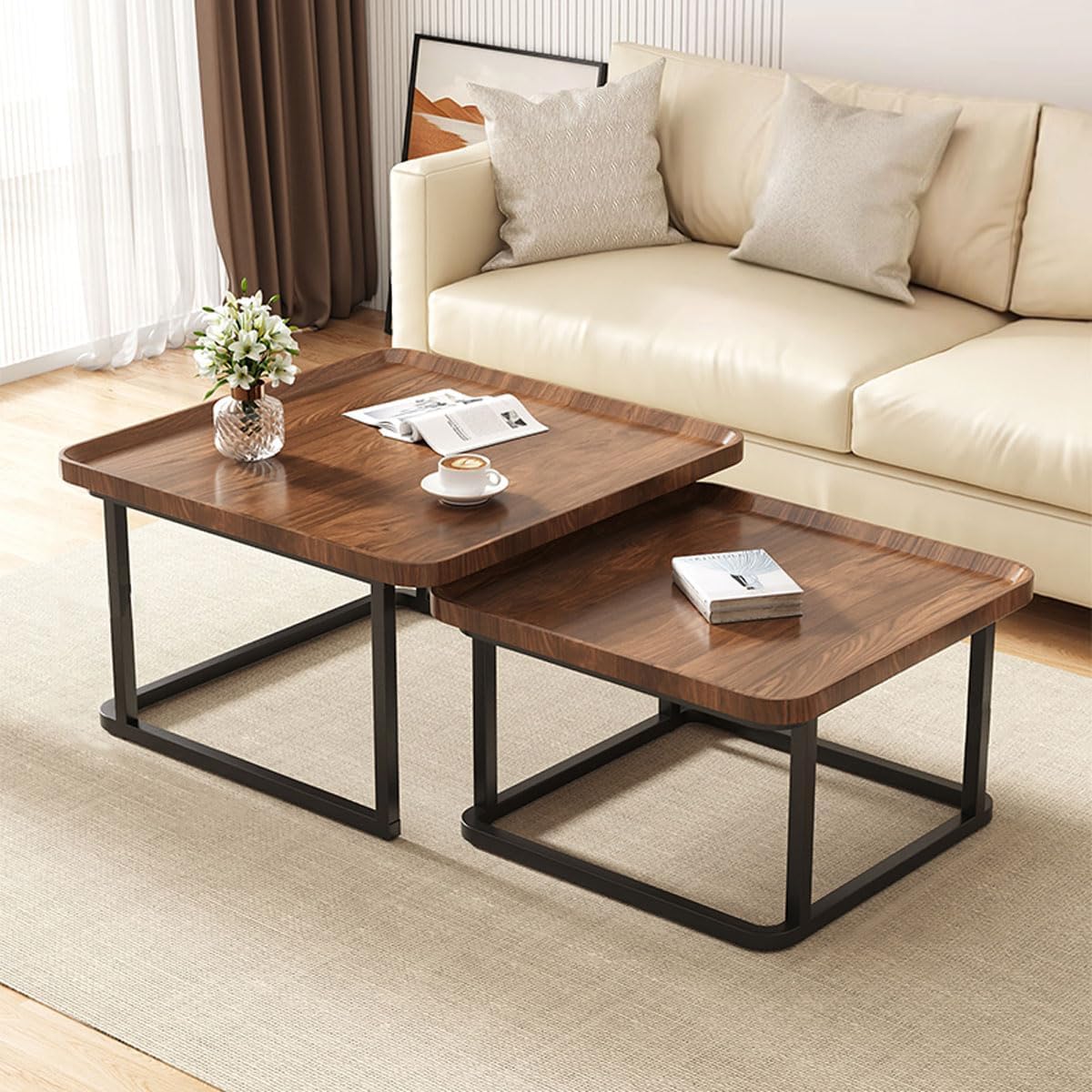 Square Coffee Tables Living Room Set of 2, Nesting Walnut Coffee Table with Fluted, End Tables for Bedroom Office Balcony Yard (23.5"+19.5" Walnut)