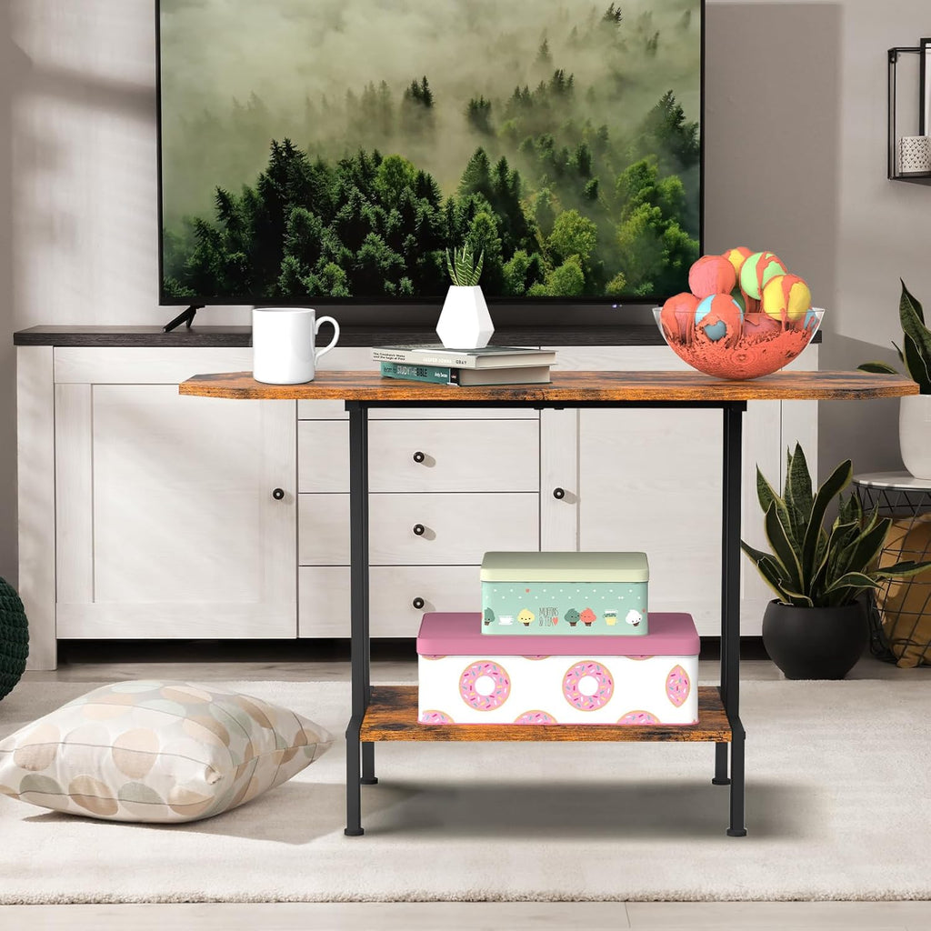 Coffee Table for Living Room, 2 Tier Small Center Table Industrial Coffee Table with Open Storage Shelf and Metal Frame for Farmhouse Bedroom Office, Rustic Brown