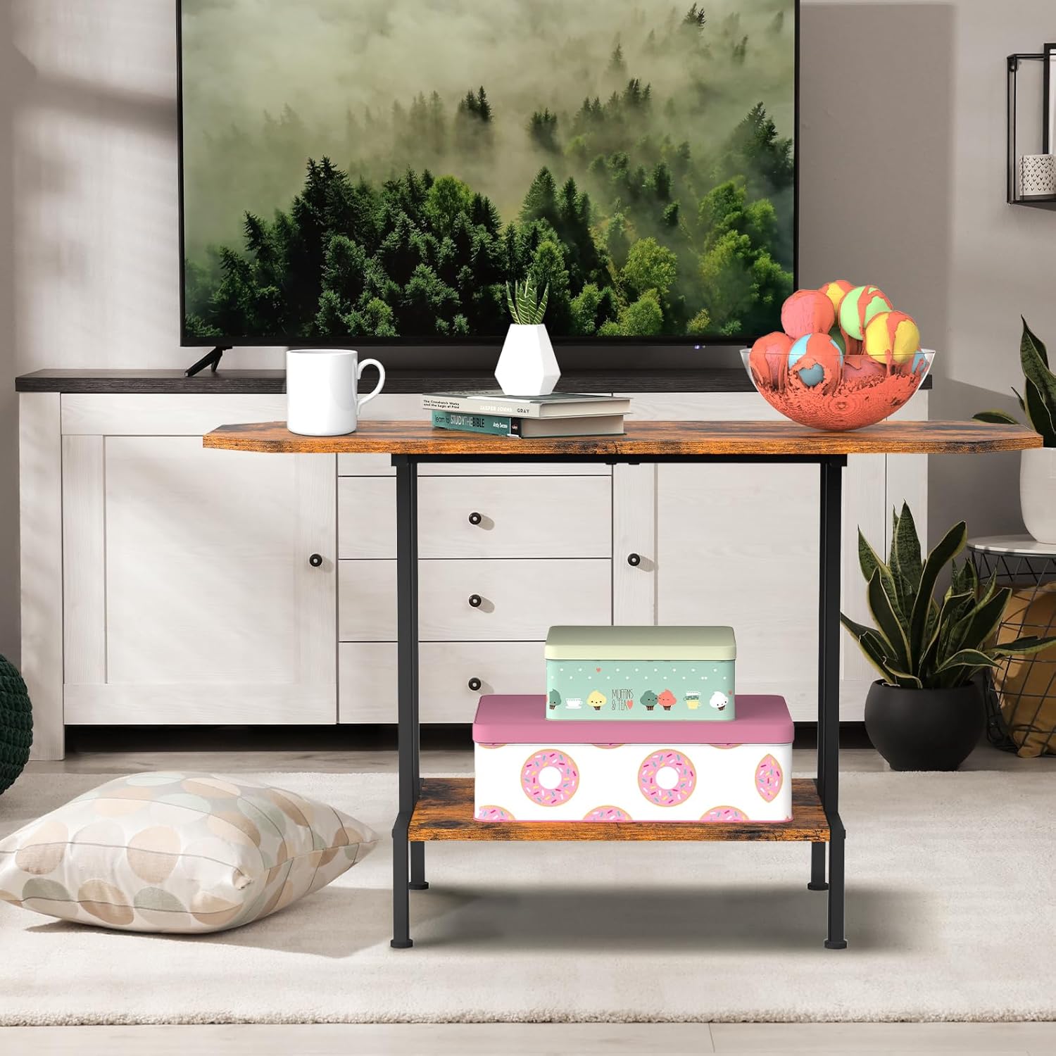 Coffee Table for Living Room, 2 Tier Small Center Table Industrial Coffee Table with Open Storage Shelf and Metal Frame for Farmhouse Bedroom Office, Rustic Brown