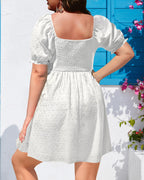 Pinup Fashion White Plus Size Dress Women Summer Eyelet Graduation Casual Short Puff Sleeve A Line Baby Doll Cute Mini Dresses